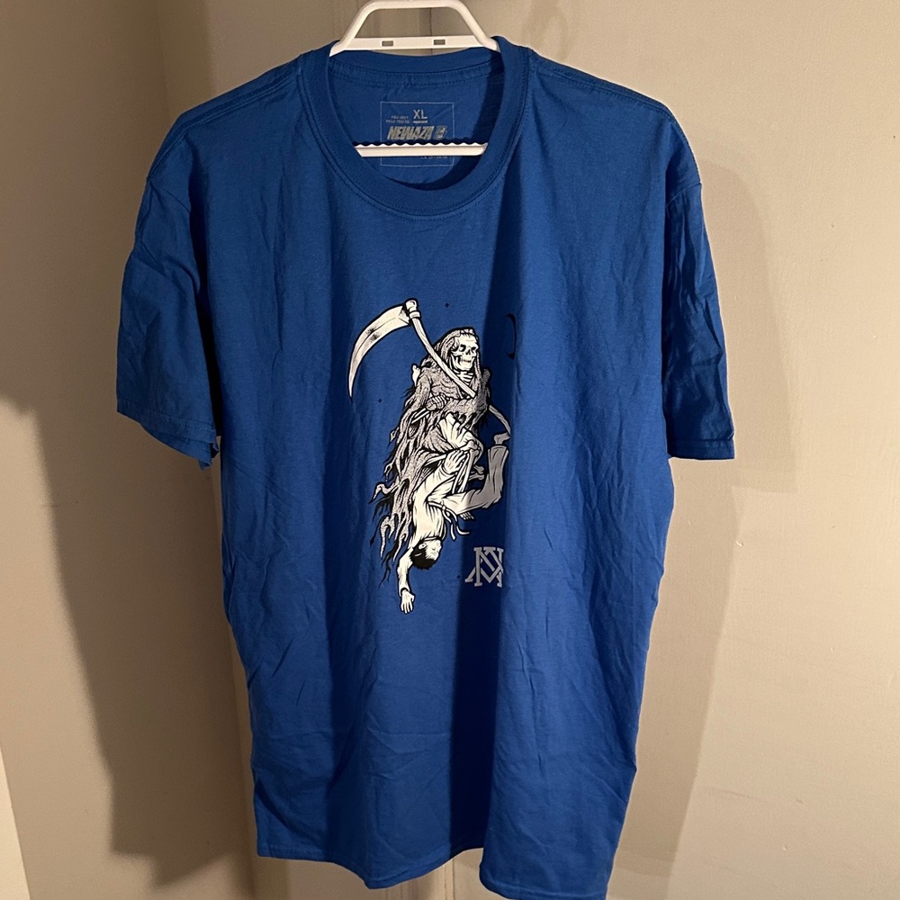Men's Blue Graphic Tee with Grim Reaper Design
